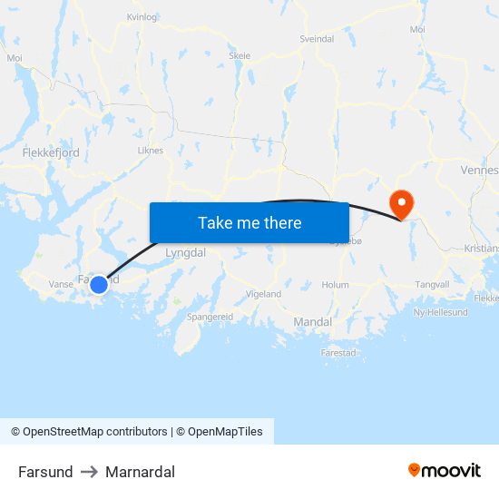 Farsund to Marnardal map