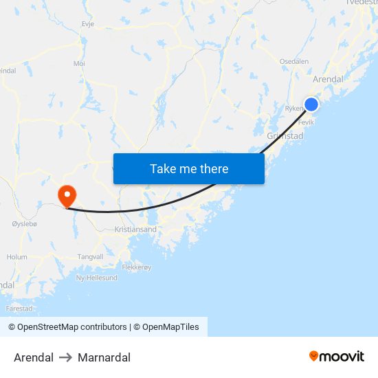 Arendal to Marnardal map