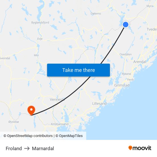 Froland to Marnardal map