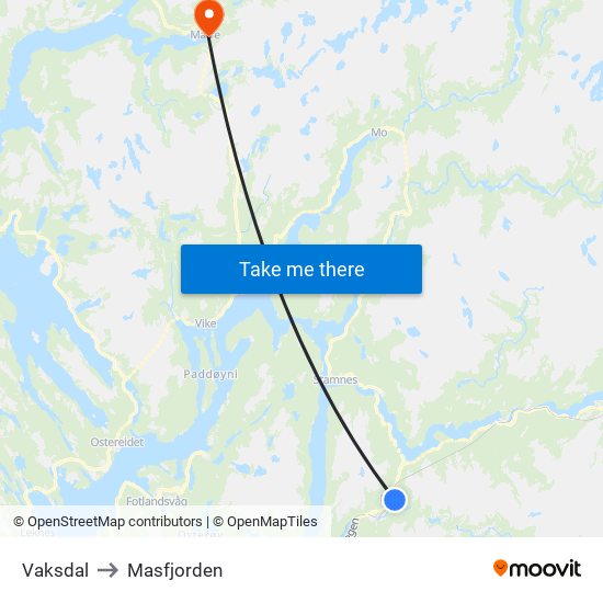 Vaksdal to Masfjorden map