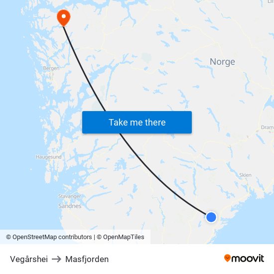 Vegårshei to Masfjorden map