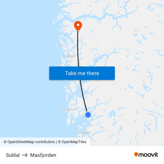 Suldal to Masfjorden map