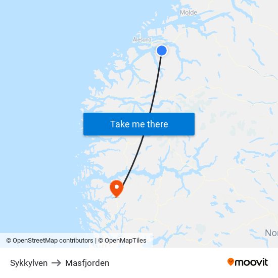 Sykkylven to Masfjorden map