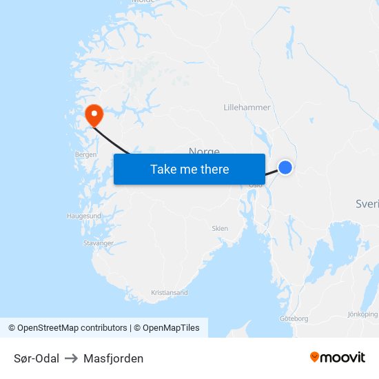 Sør-Odal to Masfjorden map