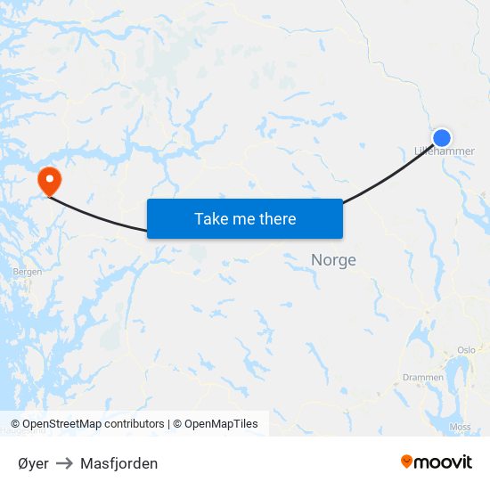 Øyer to Masfjorden map