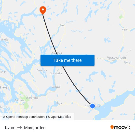 Kvam to Masfjorden map