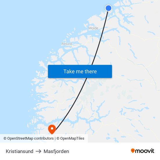 Kristiansund to Masfjorden map