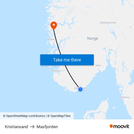 Kristiansand to Masfjorden map