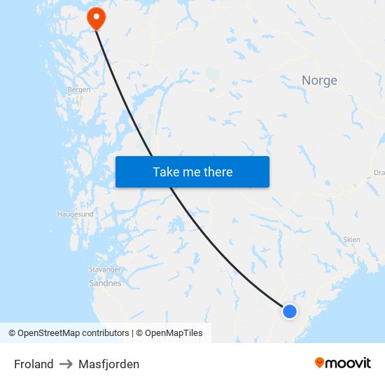 Froland to Masfjorden map