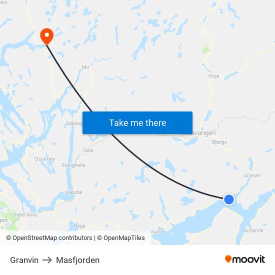 Granvin to Masfjorden map