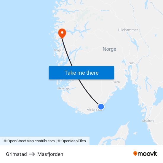 Grimstad to Masfjorden map
