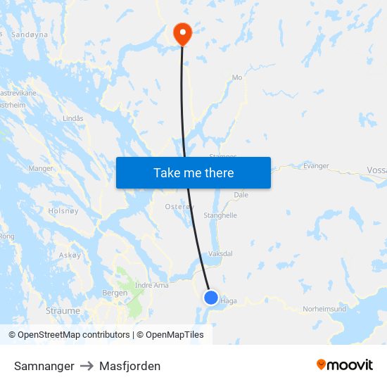 Samnanger to Masfjorden map