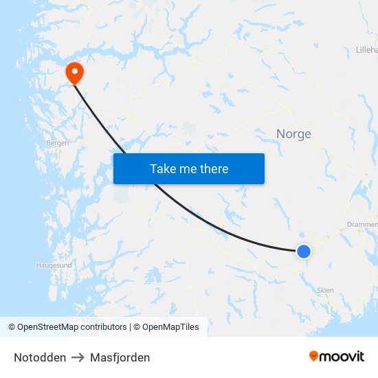 Notodden to Masfjorden map