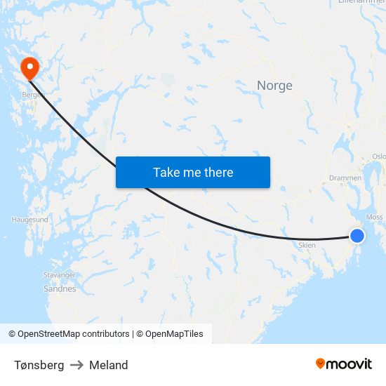 Tønsberg to Meland map