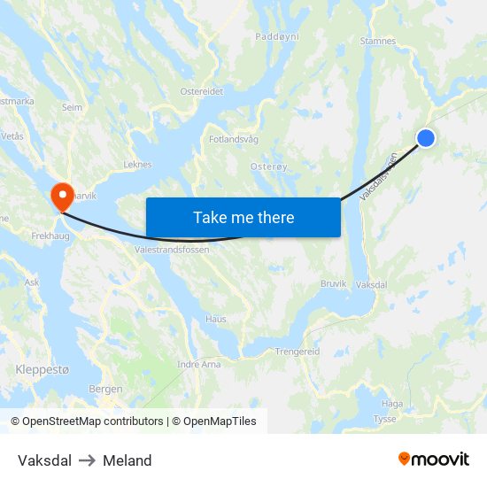 Vaksdal to Meland map