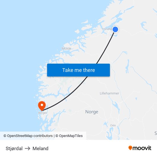 Stjørdal to Meland map