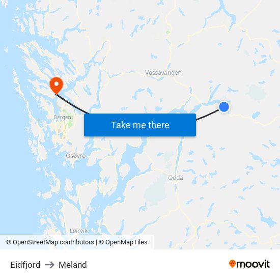 Eidfjord to Meland map