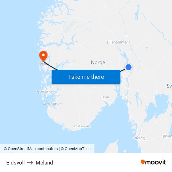 Eidsvoll to Meland map