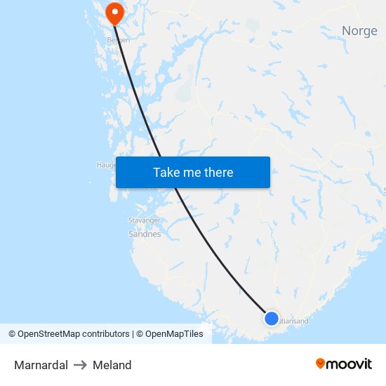 Marnardal to Meland map