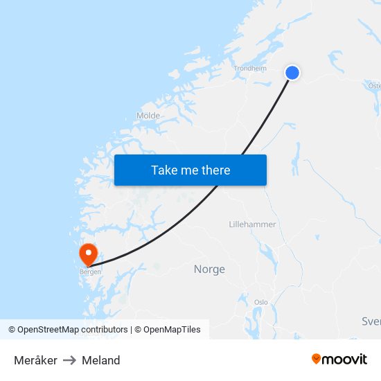 Meråker to Meland map