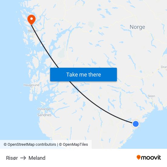 Risør to Meland map