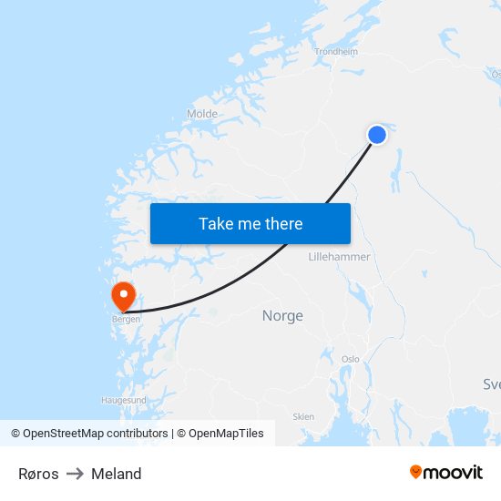 Røros to Meland map