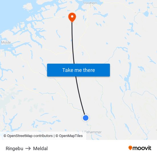 Ringebu to Meldal map