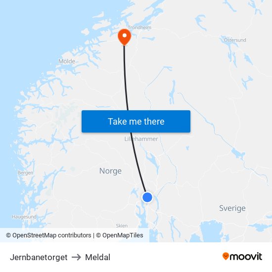 Jernbanetorget to Meldal map