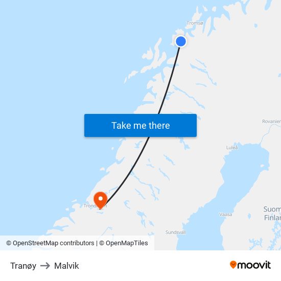 Tranøy to Malvik map