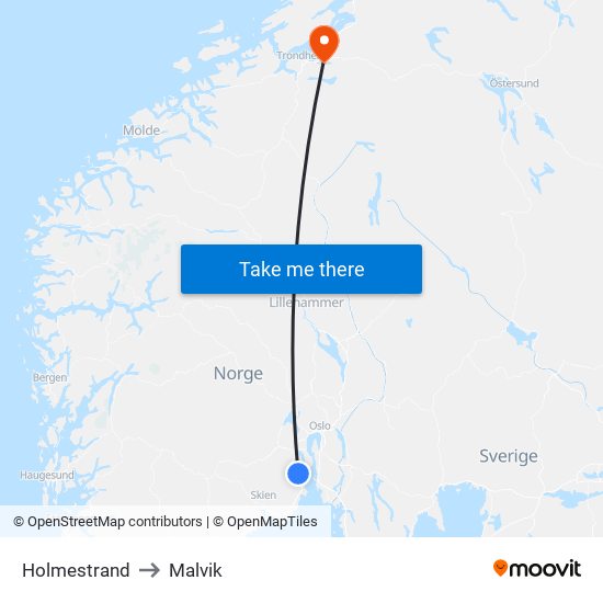 Holmestrand to Malvik map