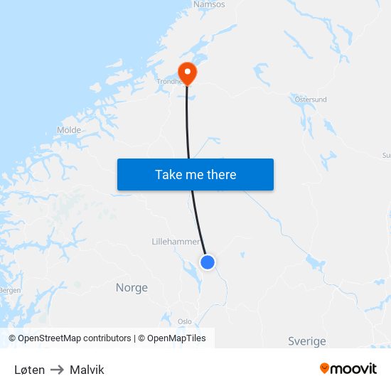 Løten to Malvik map