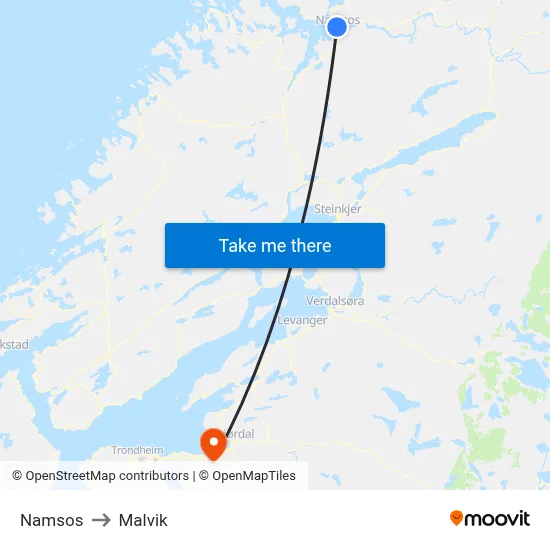Namsos to Malvik map