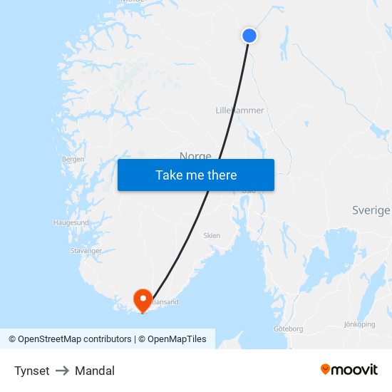 Tynset to Mandal map