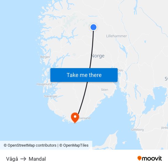 Vågå to Mandal map