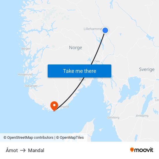 Åmot to Mandal map