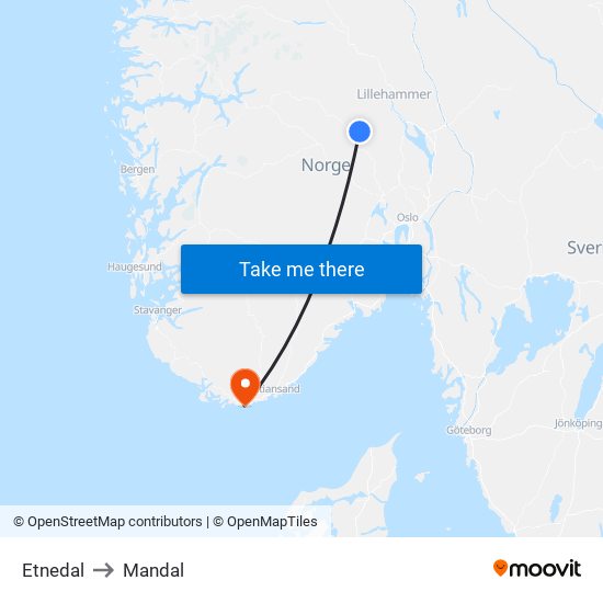 Etnedal to Mandal map