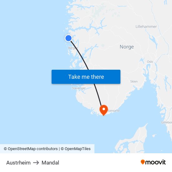 Austrheim to Mandal map