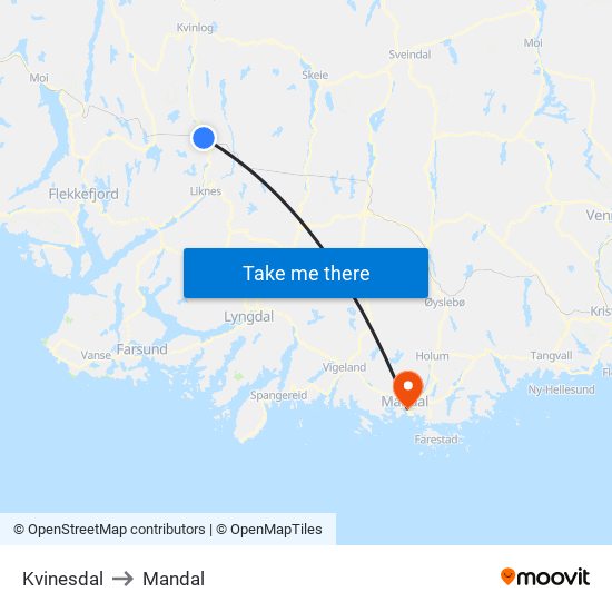 Kvinesdal to Mandal map