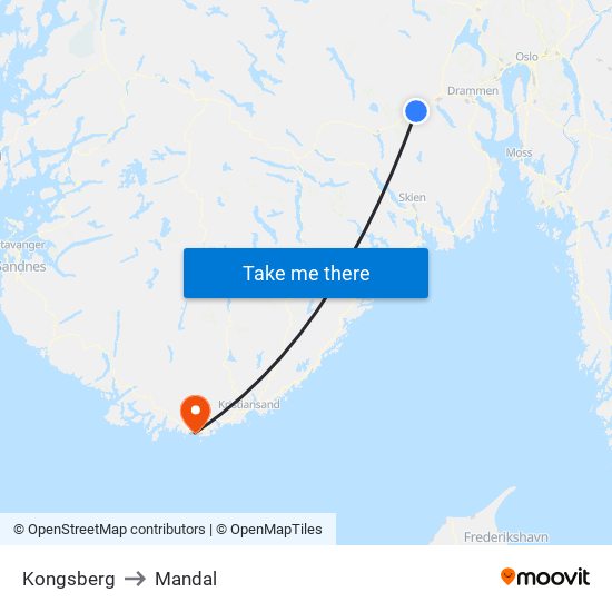 Kongsberg to Mandal map