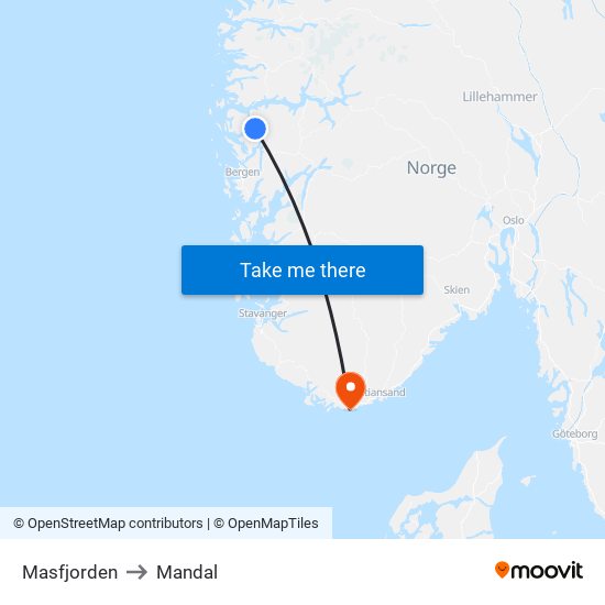 Masfjorden to Mandal map