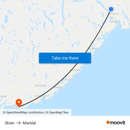 Skien to Mandal map