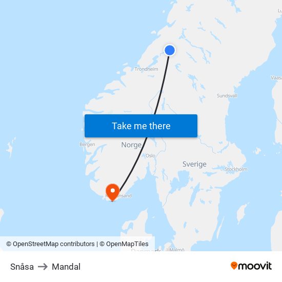 Snåsa to Mandal map