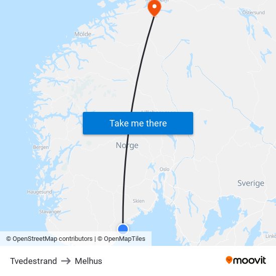 Tvedestrand to Melhus map