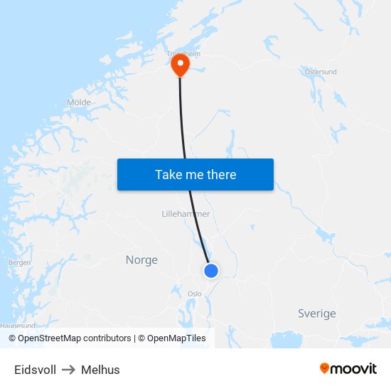 Eidsvoll to Melhus map