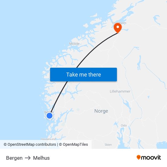 Bergen to Melhus map