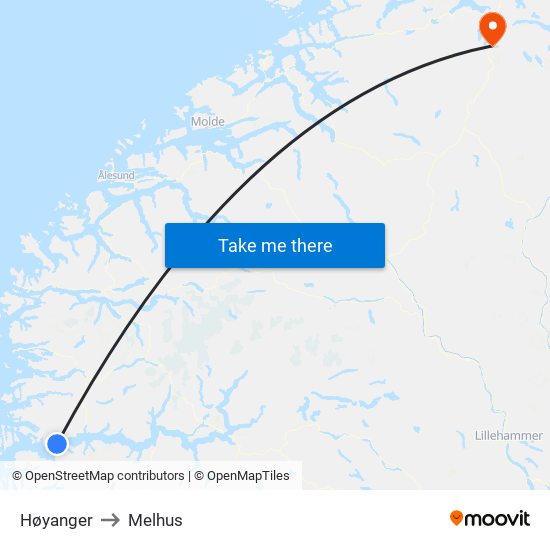 Høyanger to Melhus map