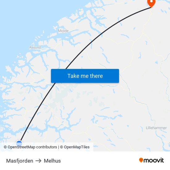 Masfjorden to Melhus map