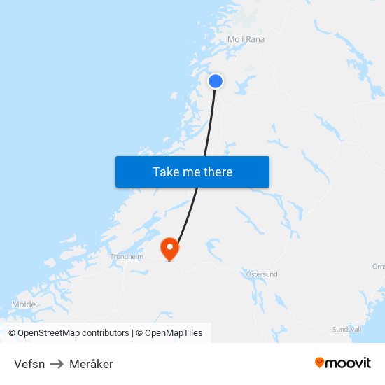 Vefsn to Meråker map