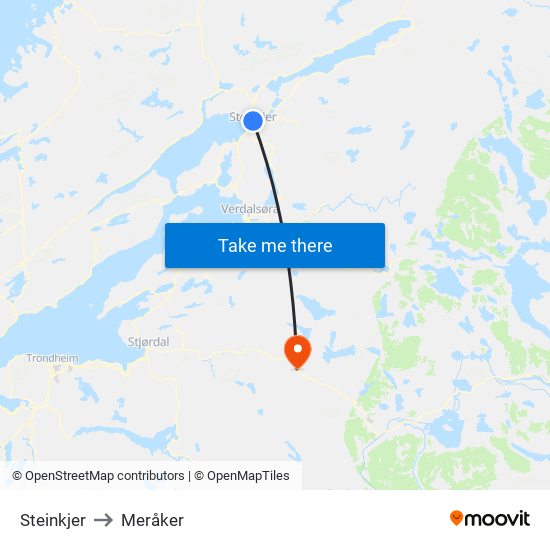 Steinkjer to Meråker map