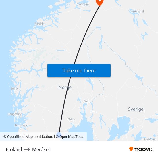 Froland to Meråker map